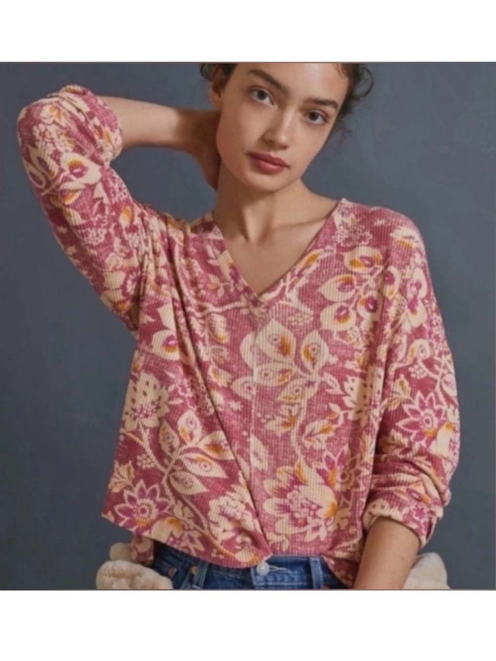 Anthropologie Pilcro Moira Oversized Boho Floral Waffle Thermal Pullover XS